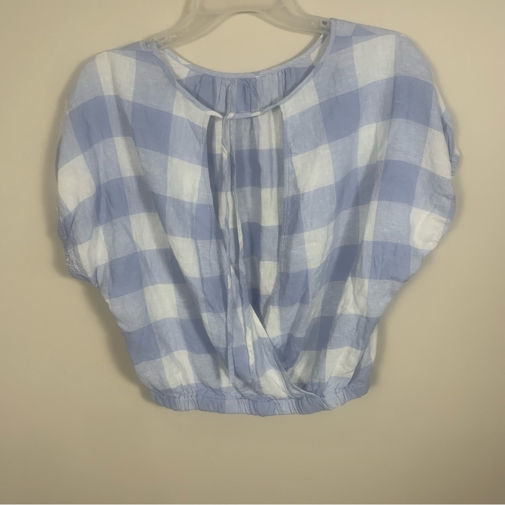 Madewell Linen Blend Split Back Tie Gingham Check Blouse - Picture 9 of 14